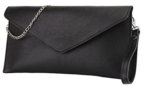 SH Leder Echtleder Clutch Umhängetasche kleine Tasche elegant Abendtasche in genarbt Rindleder mit Tragkette 31,5x16,5cm Saya G369 (Schwarz) von SH Leder