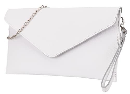 SH Leder Echtleder Clutch Umhängetasche kleine Tasche elegant Abendtasche in genarbt Rindleder mit Tragkette 31,5x16,5cm Saya G369 (Weiss) von SH Leder