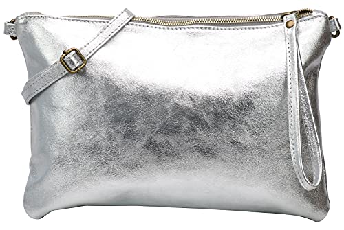 SH Leder Echtleder Umhängetasche Clutch im vintage look mittelgross Tasche Abendtasche 33x22cm Clara G396 (Silber) von SH Leder