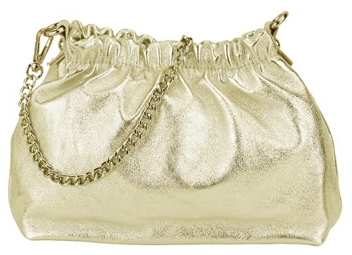 SH Leder Echtleder Umhängetasche Clutch kleine Tasche Abendtasche Alltagstasche mit Silberne Kette 23x14cm Elke G355 (Gold) von SH Leder