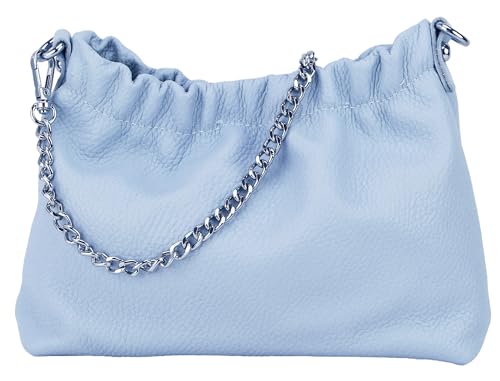SH Leder Echtleder Umhängetasche Clutch kleine Tasche Abendtasche Alltagstasche mit Silberne Kette 23x14cm Elke G355 (Hellblau) von SH Leder