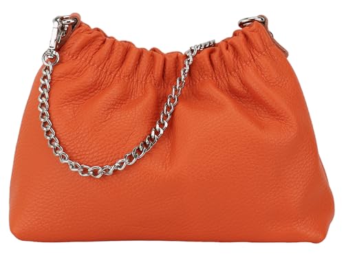 SH Leder Echtleder Umhängetasche Clutch kleine Tasche Abendtasche Alltagstasche mit Silberne Kette 23x14cm Elke G355 (Orange) von SH Leder