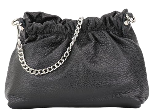 SH Leder Echtleder Umhängetasche Clutch kleine Tasche Abendtasche Alltagstasche mit Silberne Kette 23x14cm Elke G355 (Schwarz) von SH Leder