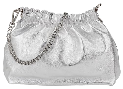 SH Leder Echtleder Umhängetasche Clutch kleine Tasche Abendtasche Alltagstasche mit Silberne Kette 23x14cm Elke G355 (Silber) von SH Leder