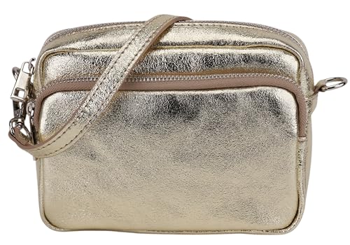 SH Leder Echtleder Umhängetasche Clutch kleine Tasche Abendtasche Alltagstasche mit Verstellbar Schultergurt 18x13cm Pia G394 (Gold) von SH Leder