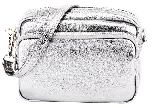SH Leder Echtleder Umhängetasche Clutch kleine Tasche Abendtasche Alltagstasche mit Verstellbar Schultergurt 18x13cm Pia G394 (Silber) von SH Leder