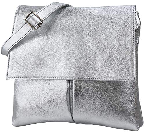 SH Leder Echtleder Umhängetasche Schultertasche Crossover aus Gernarbt Rindleder 26x25cm Kim G182 (Silber Metallic) von SH Leder