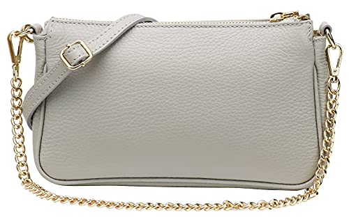 SH Leder Echtleder Umhängetasche Schultertasche Handtaschen Clutch kleine Abendtasche Goldfarbene Metallbeschläge 23x13cm Larisa G324 (Hellgrau) von SH Leder