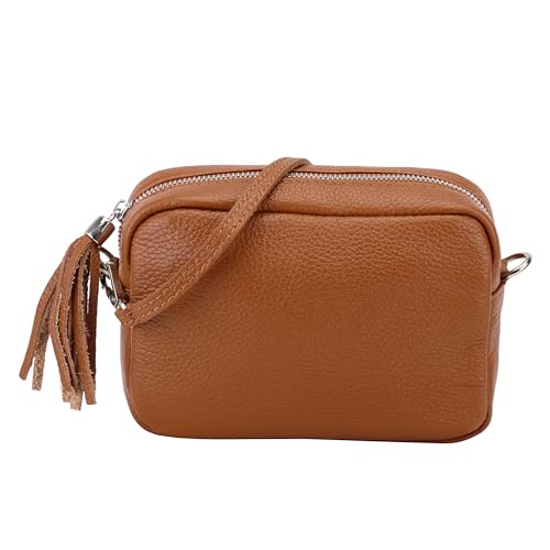 SH Leder Echtleder Umhängetasche kleine Tasche Abendtasche Clutch Crossbody Bag Messenger Handtasche mit Reißverschluss 18x13cm Tina G296 (Cognac) von SH Leder