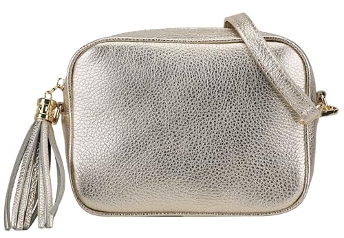 SH Leder Echtleder Umhängetasche mittel kleine Tasche Abendtasche Clutch Crossbody Bag Messenger Handtasche mit Reißverschluss 21x15cm Chiara G209 (Gold) von SH Leder