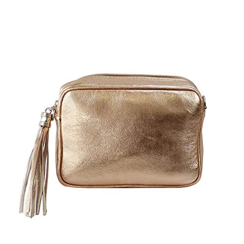 SH Leder Echtleder Umhängetasche mittel kleine Tasche Abendtasche Clutch Crossbody Bag Messenger Handtasche mit Reißverschluss 21x15cm Chiara G209 (Rose Gold) von SH Leder