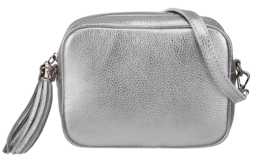 SH Leder Echtleder Umhängetasche mittel kleine Tasche Abendtasche Clutch Crossbody Bag Messenger Handtasche mit Reißverschluss 21x15cm Chiara G209 (Silber) von SH Leder