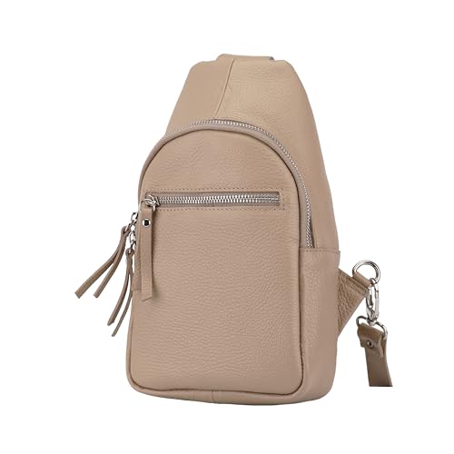 SH Leder echt Leder Damen Brusttasche Rucksack für Festival Reise mittelgross Hüfttasche Crossbody Bag Verstellbarer welchsellbar Schultergurt Frauen Ledertasche 17x28cm Taylor G662 (Helltaupe) von SH Leder