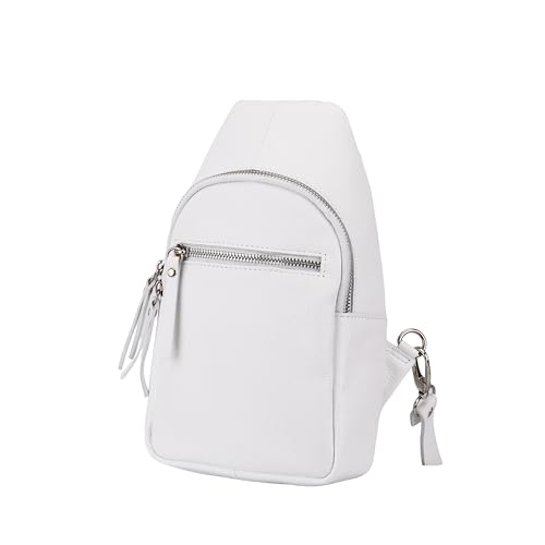 SH Leder echt Leder Damen Brusttasche Rucksack für Festival Reise mittelgross Hüfttasche Crossbody Bag Verstellbarer welchsellbar Schultergurt Frauen Ledertasche 17x28cm Taylor G662 (Weiss) von SH Leder