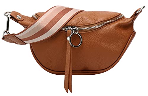 SH Leder echt Leder Damen Brusttasche für Festival Reise Kleine Hüfttasche Crossbody Frauen mit stoff Taschengurt 25x13cm Ella G498 (Cognac) von SH Leder