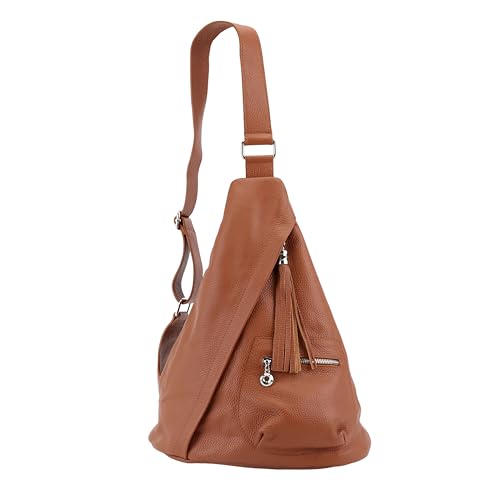 SH Leder echt Leder Damen unisex Brusttasche Sling Bag Sling Rucksack Schulterrucksack für Festival Reise Gross Crossbody Verstellbarer Schultergurt Frauen Ledertasche 32x38cm Lavie G666 (Cognac) von SH Leder