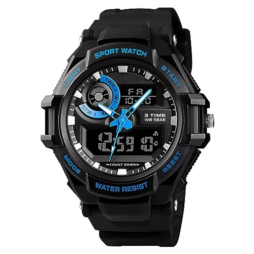 SH-RuiDu Digitale Armbanduhr Sport für Herren, Sport-Armbanduhr 3 Zeit mit Stoppuhr Countdown Hintergrundbeleuchtung Wasserdichte Uhr für tägliche Outdoor-Aktivitäten, blau von SH-RuiDu