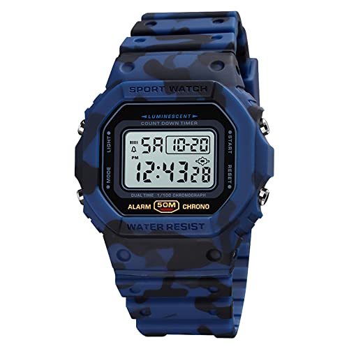 SH-RuiDu Digitale Herren-Armbanduhr, wasserdicht, Sportuhr, stoßfest, mit LED-Hintergrundbeleuchtung, Alarm, Stoppuhr, Countdown-Timer-Funktion, für Männer, Frauen, Teenager, blau camouflage von SH-RuiDu