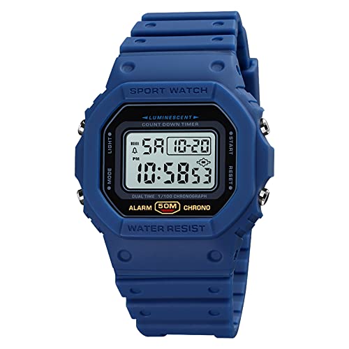 SH-RuiDu Digitale Herren-Armbanduhr, wasserdicht, Sportuhr, stoßfest, mit LED-Hintergrundbeleuchtung, Alarm, Stoppuhr, Countdown-Timer-Funktion, für Männer, Frauen, Teenager, blau, Armband von SH-RuiDu