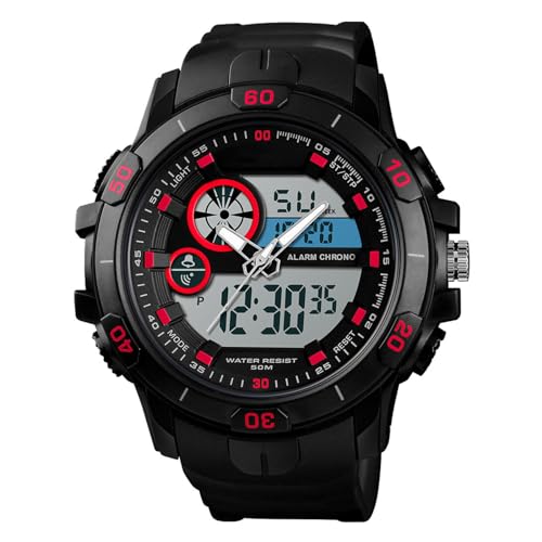 SH-RuiDu Digitale Sportuhr für Herren, digitale Armbanduhr, wasserdichte Outdoor-Uhr mit Hintergrundbeleuchtung, Stoppuhr, Alarm, Datum, Wochenanzeige, rot von SH-RuiDu