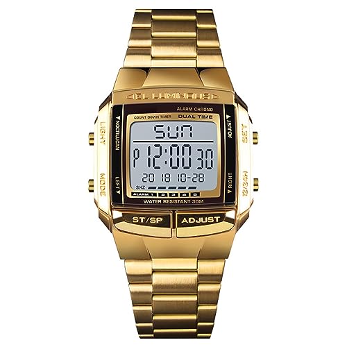 SH-RuiDu Herren-Digitaluhr, 30 m wasserdicht, Business-Uhr mit 2 Zeitalarm, Stoppuhr, Countdown-Timer-Funktion, modische Luxus-Retro-Armbanduhr, 12/24 Stunden, goldfarben von SH-RuiDu
