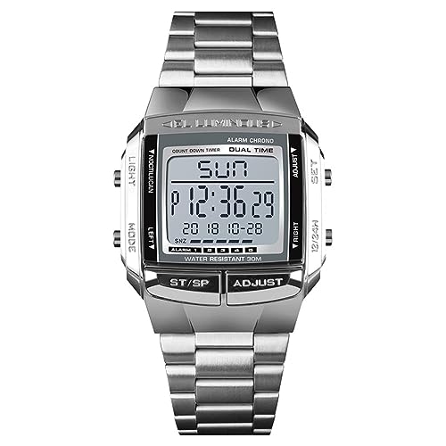 SH-RuiDu Herren-Digitaluhr, 30 m wasserdicht, Business-Uhr mit 2 Zeitalarm, Stoppuhr, Countdown-Timer-Funktion, modische Luxus-Retro-Armbanduhr, 12/24 Stunden, silber von SH-RuiDu