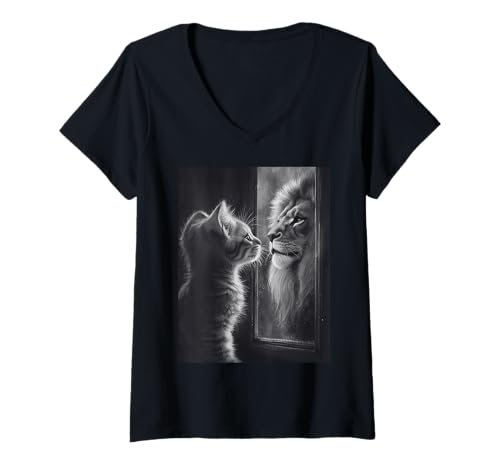 Damen Katze Löwe Spiegel Reflexion Kunst Geschenke Tier Gesicht NI T-Shirt mit V-Ausschnitt Damen Katze Löwe Spiegel Reflexion Kunst Geschenke Tier Gesicht NI T-Shirt mit V-Ausschnitt von SH-Star