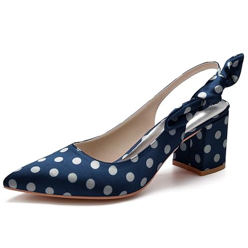 Damen Pumps mit Punkten, Slingback, spitzer Zehenbereich, zum Reinschlüpfen, grobe Absätze, bequem, quadratisch für Party, Braut, Hochzeit, Schuhe, 6 cm, Satin-Knoten, Blau, 38.5 EU Damen Pumps mit Punkten, Slingback, spitzer Zehenbereich, zum Reinschlüpfen, grobe Absätze, bequem, quadratisch für Party, Braut, Hochzeit, Schuhe, 6 cm, Satin-Knoten, Blau, 38.5 EU von SHUTUP.DANCE