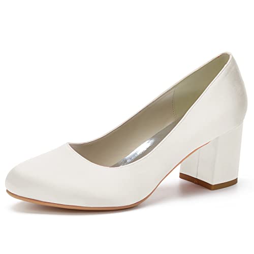 Damen Schuhe mit rundem Zehenbereich, Blockabsatz, 6 cm, zum Reinschlüpfen, niedriger Absatz, Satin, Hochzeit, Braut, elfenbeinfarben, 36 EU von SH. SHUTUP.DANCE