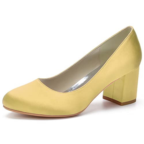 Damen Schuhe mit rundem Zehenbereich, Blockabsatz, 6 cm, zum Reinschlüpfen, niedriger Absatz, Satin, Hochzeit, Braut, gold, 39.5 EU von SH. SHUTUP.DANCE