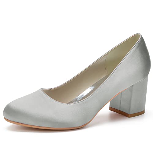 Damen Schuhe mit rundem Zehenbereich, Blockabsatz, 6 cm, zum Reinschlüpfen, niedriger Absatz, Satin, Hochzeit, Braut, silber, 40 EU von SH. SHUTUP.DANCE