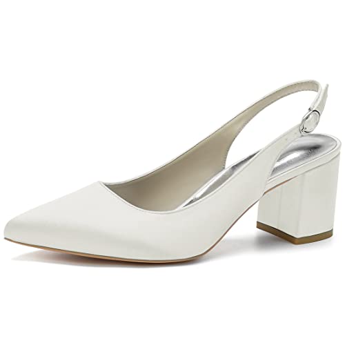 Damen Slingback Chunky Sandalen Spitze Zehen Hochzeit Schuhe Weiß Braut Pumps Komfort Schuhe, elfenbeinfarben, 38.5 EU von SH. SHUTUP.DANCE