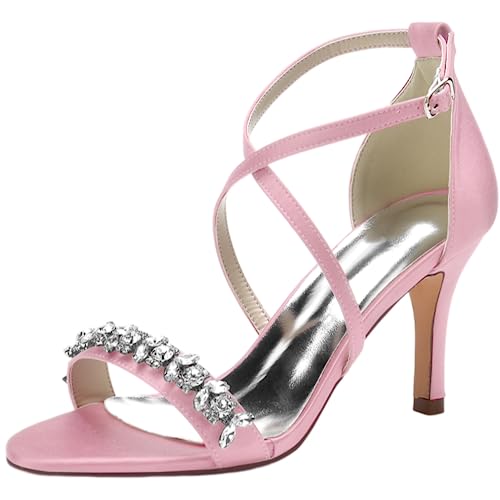 Damen Strass Hochzeit Heels Satin Slip On Braut Sandalen 8,5 CM Offener Zeh Anhänger Job Kleid Schuhe Körper Riemen Heels, Rosa, 8 von SH. SHUTUP.DANCE