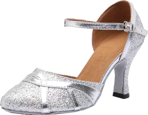 SH. SHUTUP.DANCE Damen Ballsaal Tanzschuhe Latein Kitten Heels Komfort 7,5 cm Salsa Pumps Tango Jazz Chacha Geschlossene Zehen, silber, 38 EU von SHUTUP.DANCE