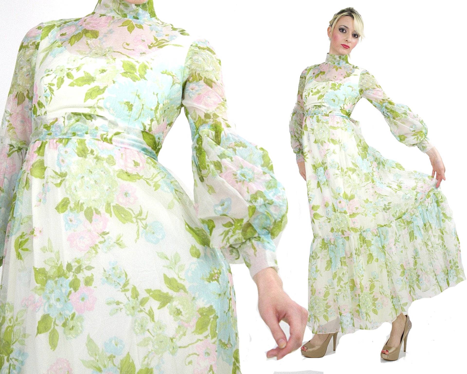 60Er 70Er Jahre Prairie Dress Boho Wedding Transparentes Weißes Blumenmuster Size S von SHABBYBABE