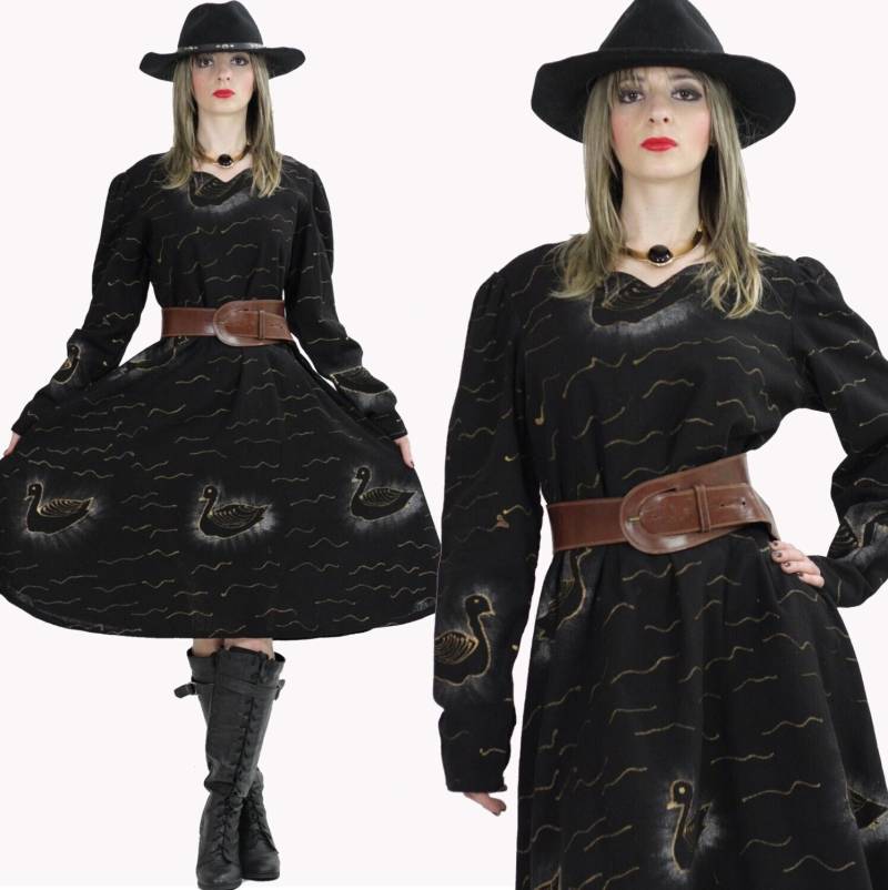 60Er 70Er Mini Kleid Black Boho Prairie Duck Print Medium von SHABBYBABE