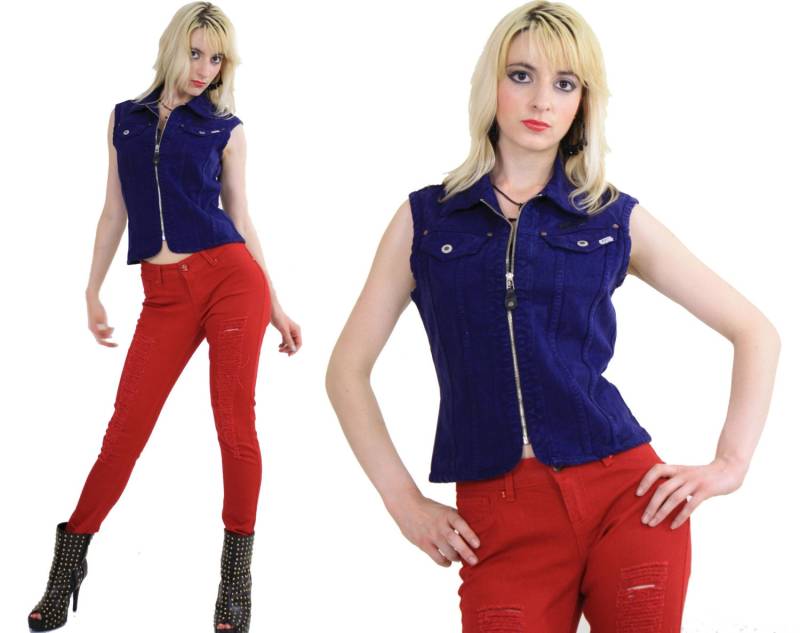 70Er Boho Vest Hippie Rocker Reißverschlussstück Schichtstück Biker Mod Navy Blue Denim Vest Reißverschluss Top M Medium von SHABBYBABE