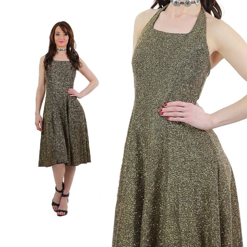 80Er 90Er Jahre Prom Kleid Gr. 8 Schwarz Und Gold Metallic Ärmellos von SHABBYBABE