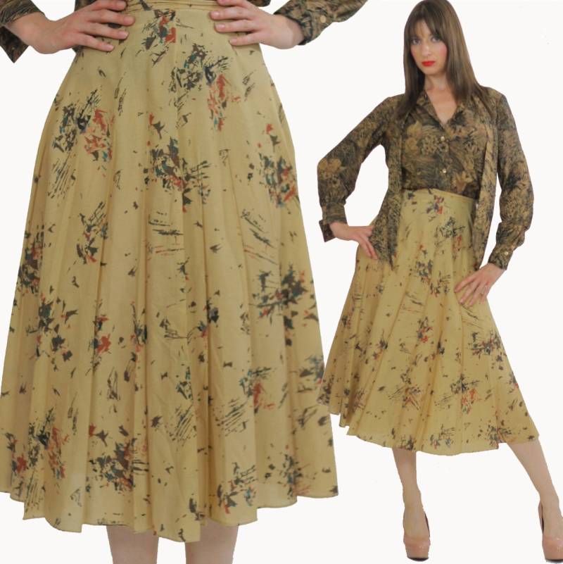 80Er Boho Abstrakter Rock Damen High Waist Beige Baumwollrock Hippie Langer Prärierock Full S Small von SHABBYBABE