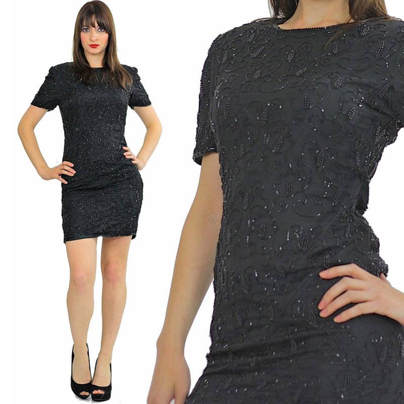 80Er Deco Gatsby Schwarze Pailletten Perlen Party Minikleid S von SHABBYBABE