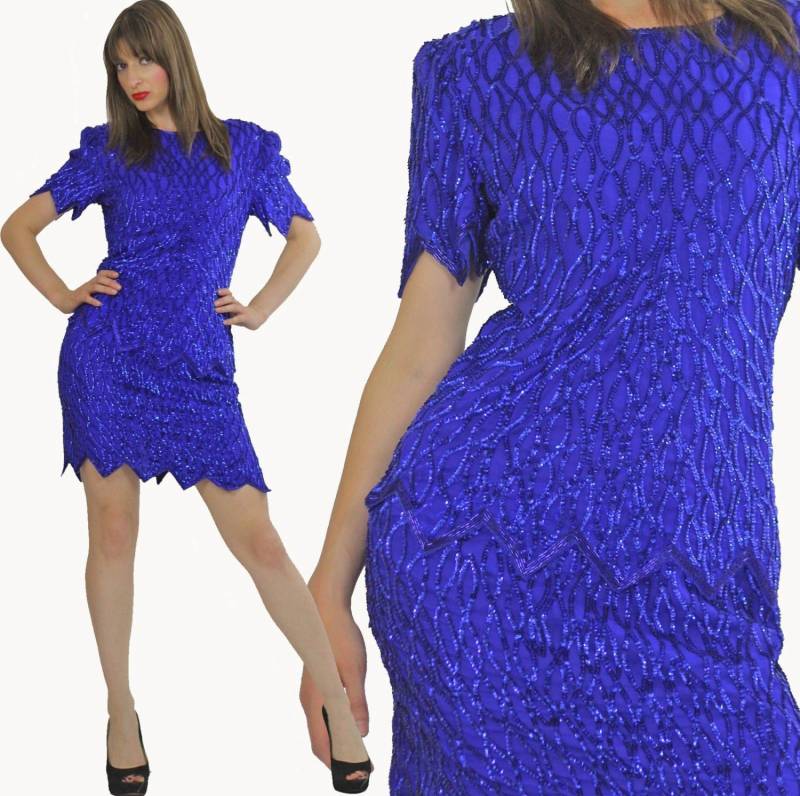 80Er Jahre Ballkleid Kurz Blau Pailletten Perlen Medium von SHABBYBABE