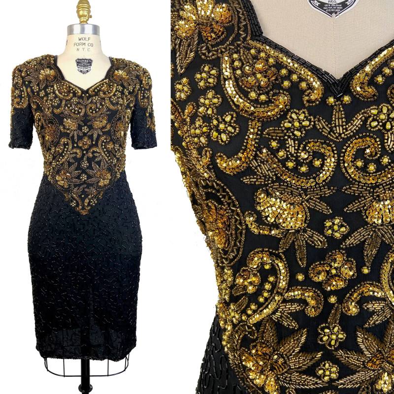 80Er Jahre Ballkleid Kurz Schwarz Gold Scala Label Small von SHABBYBABE