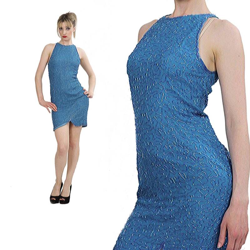 80Er Pailletten Perlen Neckholder Kleid Seide Deko Party Cocktail Mini von SHABBYBABE