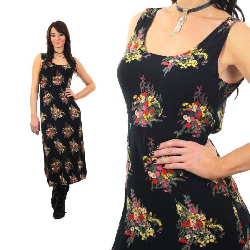 90Er Floral Grunge Kleid Unterkleid Schwarz Gothic Tief Ausgeschnitten Ärmellos Hippie Festival Retro Rüschen Vintage 1990Er Jahre Sommerkleid von SHABBYBABE