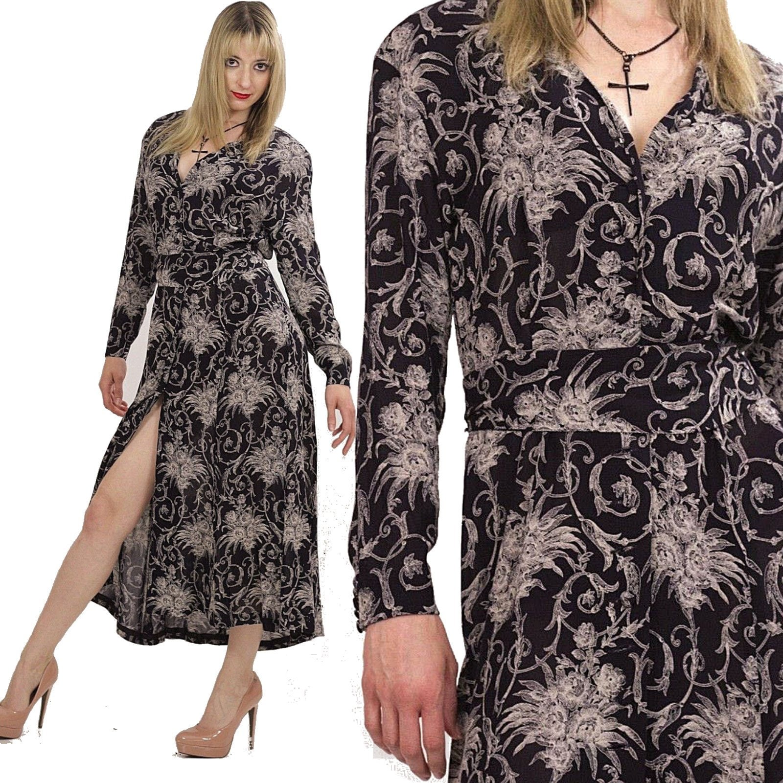 90Er Grunge Kleid Dunkel Blumen Print Boho Lange Ärmel Maxi Länge Gr. 61 von SHABBYBABE