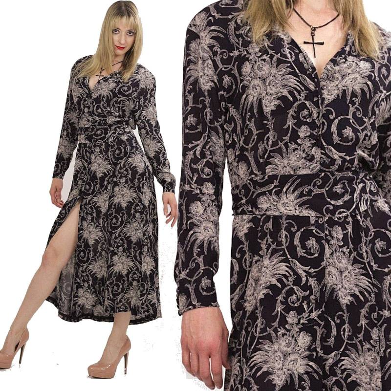 90Er Grunge Kleid Dunkel Blumen Print Boho Lange Ärmel Maxi Länge Gr. 61 von SHABBYBABE