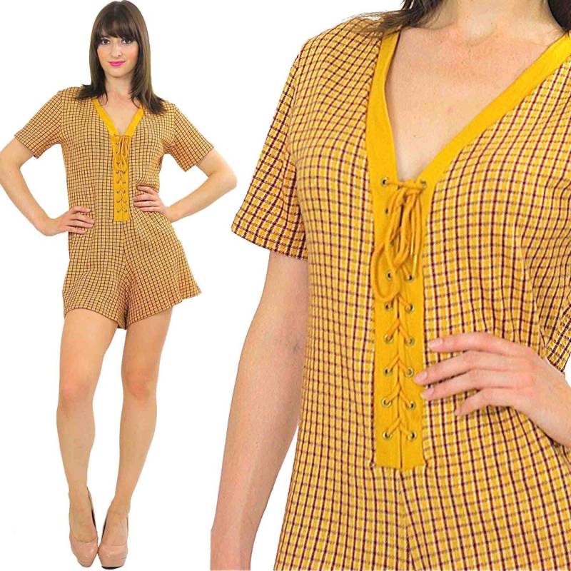 90Er Grunge Strampler Korsett Krawatten Playsuit Kariert Senf Boho Mod Kurzarm Tief V Ausschnitt Medium von SHABBYBABE