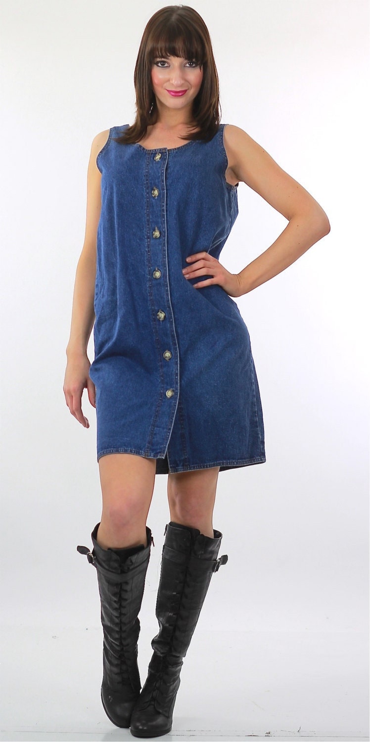 90Er Jahre Denim Kleid Vintage Knöpfbar High Waisted Pullover Grunge Medium von SHABBYBABE
