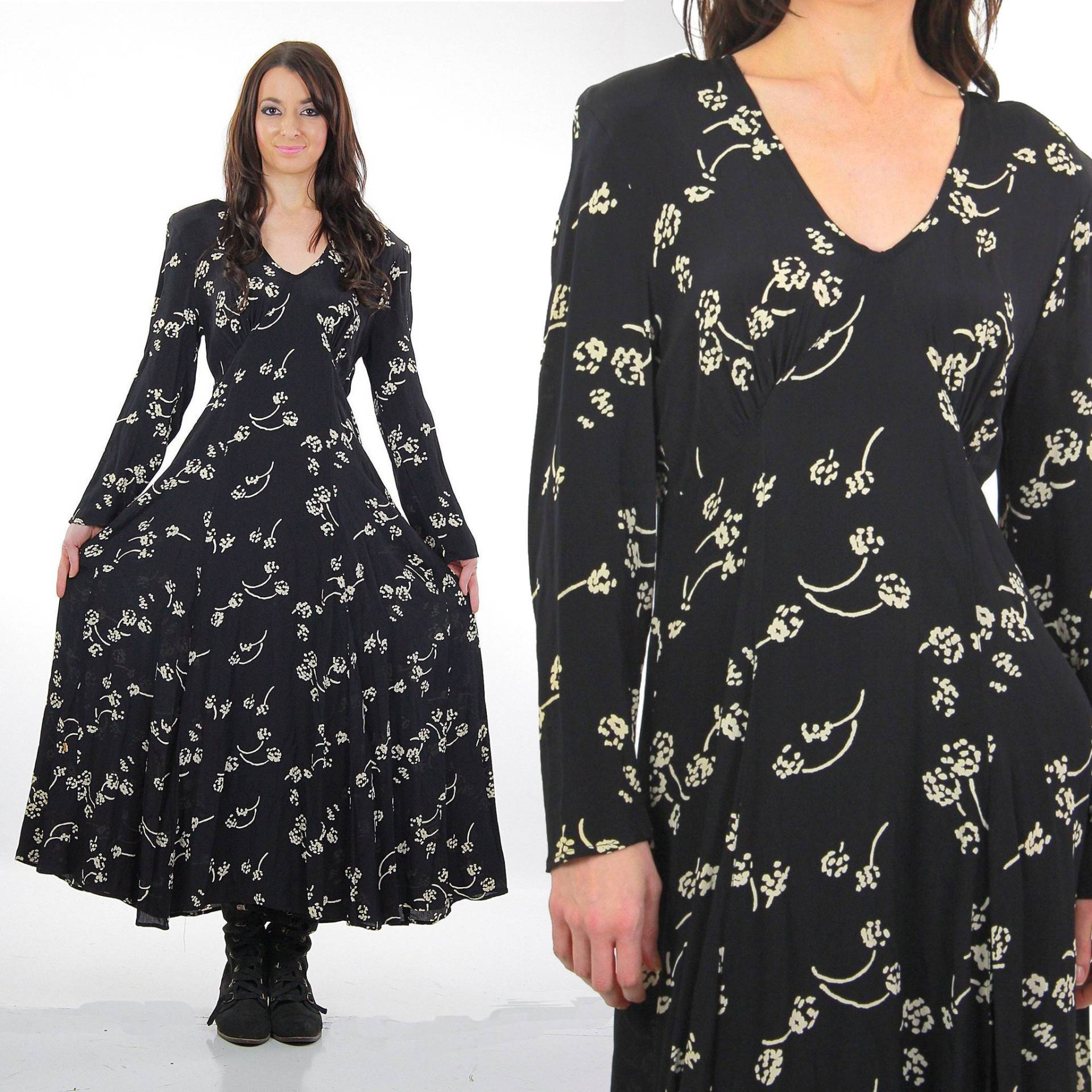 90S Grunge Kleid Goth Boho Schwarz Dunkel Print Langarm Medium von SHABBYBABE