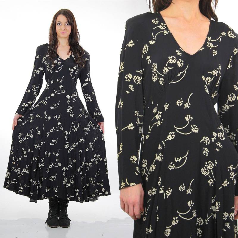 90S Grunge Kleid Goth Boho Schwarz Dunkel Print Langarm Medium von SHABBYBABE